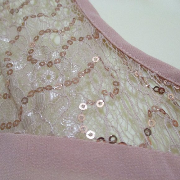 Sheer Chiffon Hi-Lo Tunic Top sz 8 Blush Beige Lace Sequin Boho - Picture 4 of 8